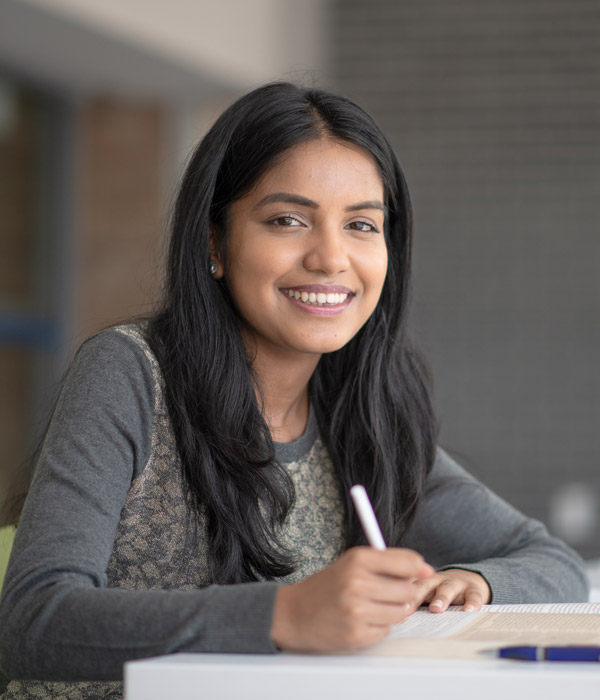 female international student studying